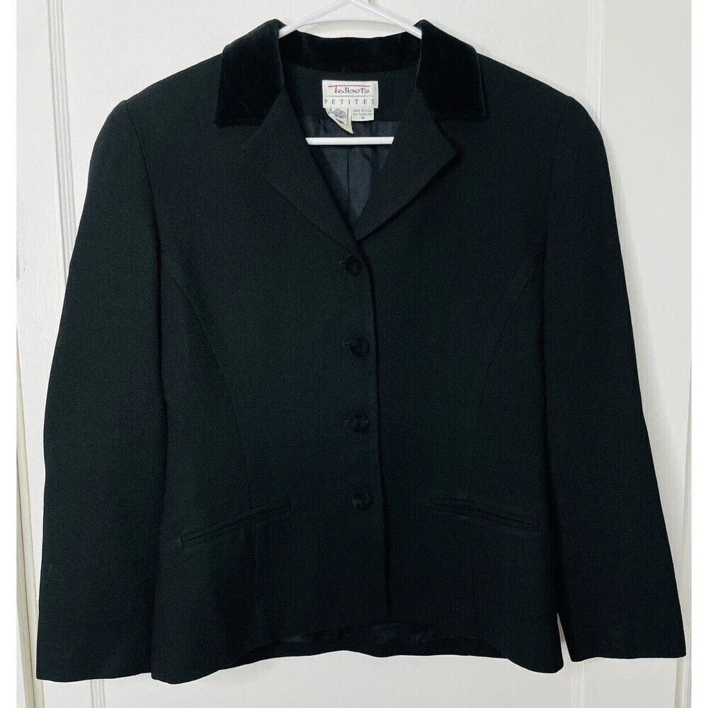 Talbots Petites Blazer Sz 8 Womens Black 100% Pure Wool Button Up Long Sleeve